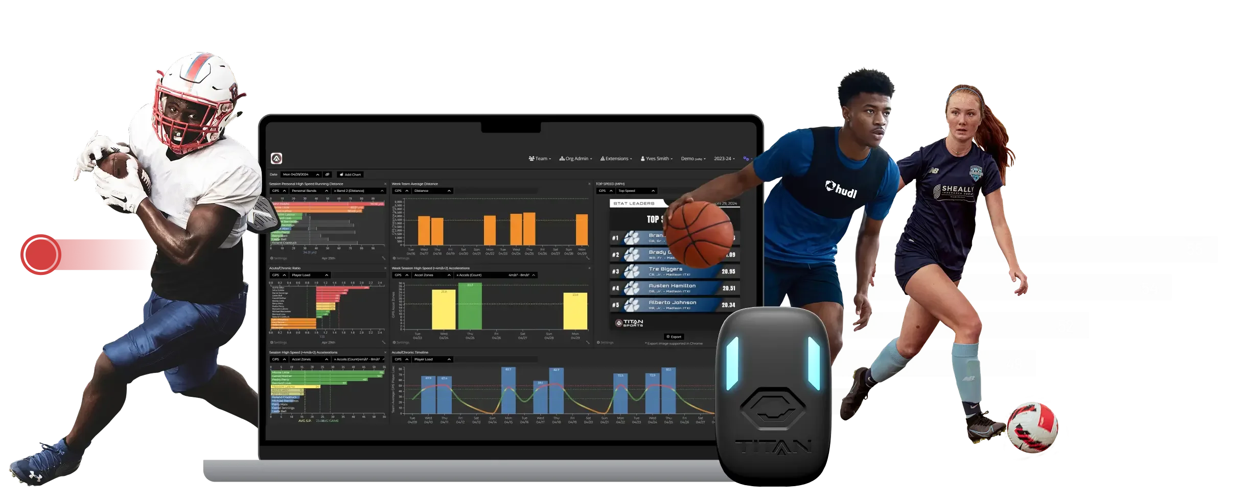 HUDL Titan GPS sensor, live software telemetry and field athletes