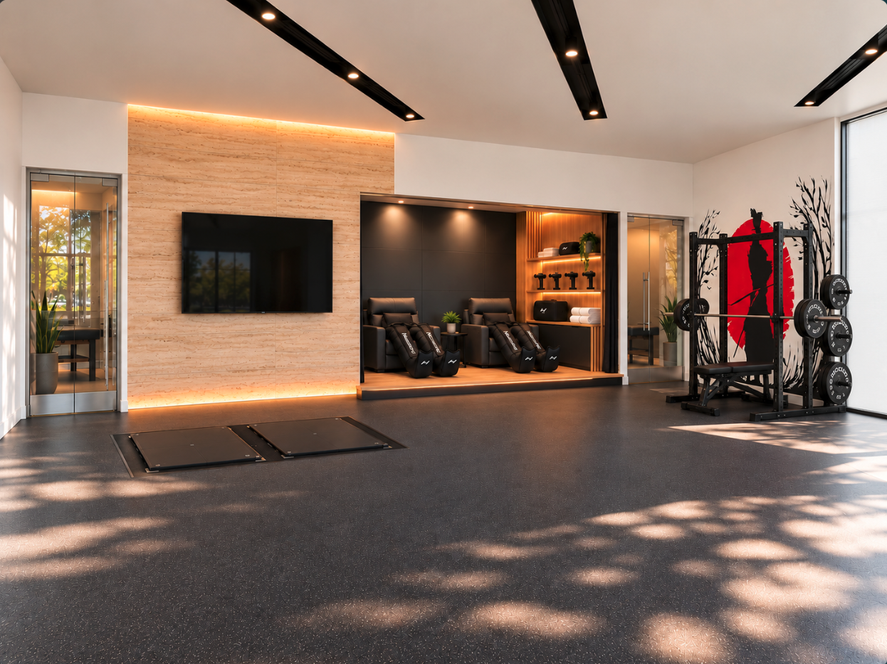 Render of the Movement Lab performance floor with recessed force plates, a recovery nook and a squat rack