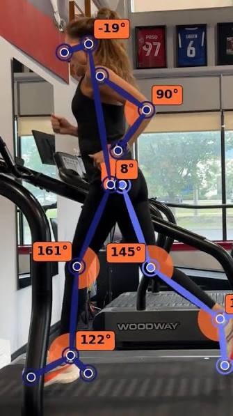 Ochy biomechanical running analysis with joint angle kinematic overlay